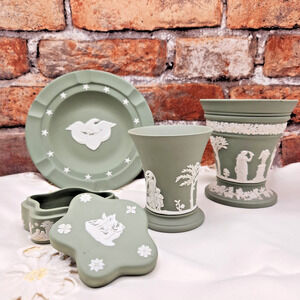 Wedgwood Sage Jasperware Set – Vase, Rare Trinket Box, Patriot Ashtray, Posy Pot